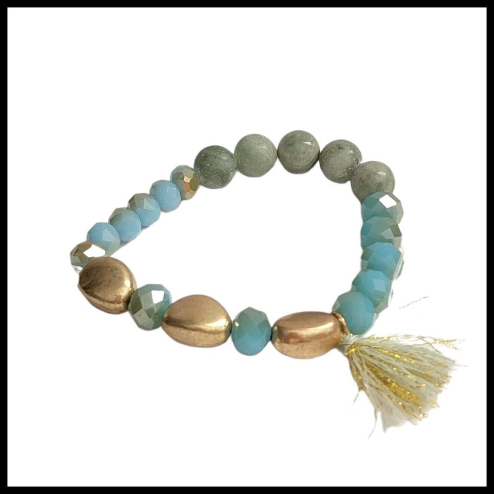 Bracelet Blue Stone Bead Stretch Different Shape Color Tassel